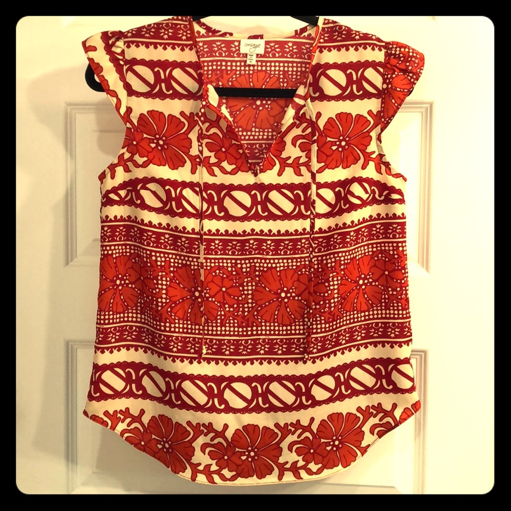 Cream and Red Tie Front Blouse